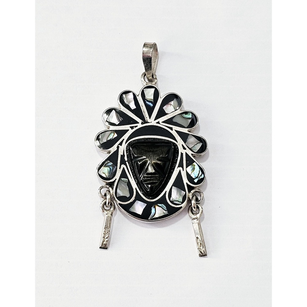 Vintage 925 Silver Mayan Golden Obsidian & Abalone Necklace Pendant